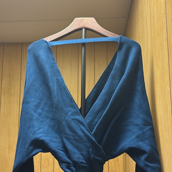 Mid Length on  5’ 6”. Stretchy but form fitting.  Blue sweater dress - Picture 2 of 7